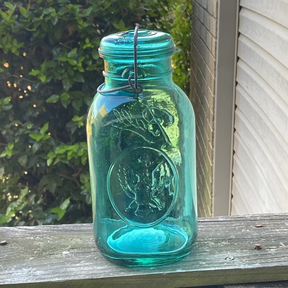 Vintage Ball Ideal Bicentennial Eagle Half-Gallon Mason Jar USA w/Wire Bail Blue